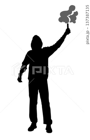 Person silhouette holding up signaling smoke bomb Person silhouette holding up signaling smoke bomb 137387135