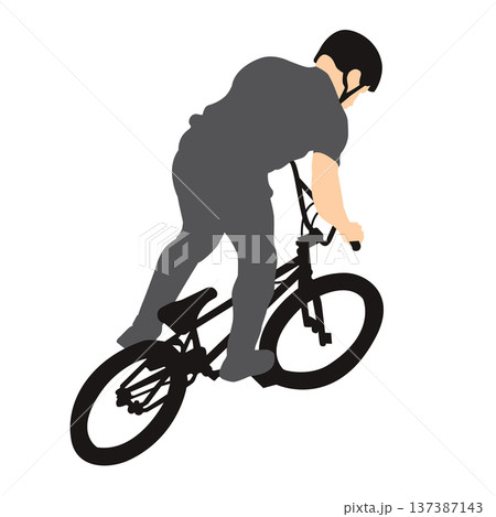 BMX cyclist performing freestyle trick on bicycle 137387143