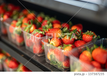 Red organic strawberries grown at smart farm packed in plastic boxes displayed on shelf in storage. 137387235