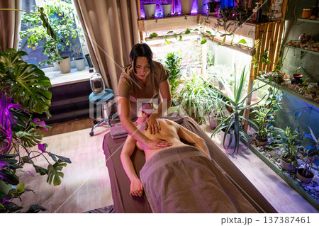 Masseuse massaging female client body in spa clinic, relaxed woman enjoying beauty care procedure. 137387461