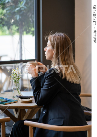 Thoughtful businesswoman enjoying drinking coffee at restaurant after productive day at work. Thoughtful businesswoman enjoying drinking coffee at restaurant after productive day at work. 137387595