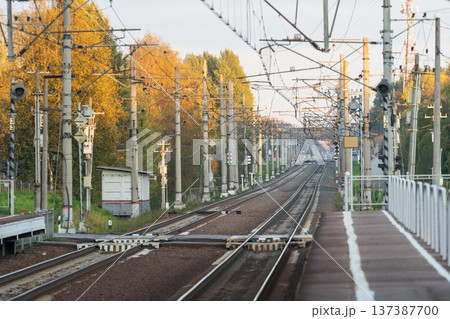 Train station with railway tracks, autumn season. Perspective of electrified high-speed railroad 137387700
