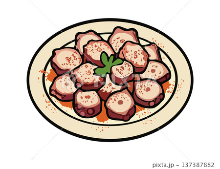 Pulpo a galega. Galicia's octopus plate. Traditional Spanish cuisine. Vector isolated illustration 137387882