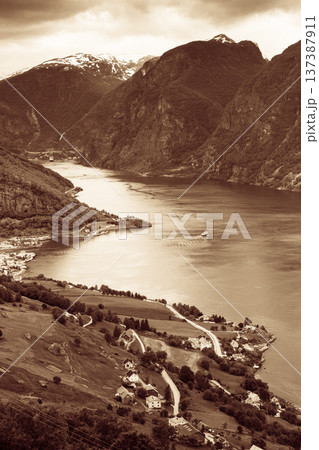 View of the fjords at Stegastein viewpoint in Norway 137387911