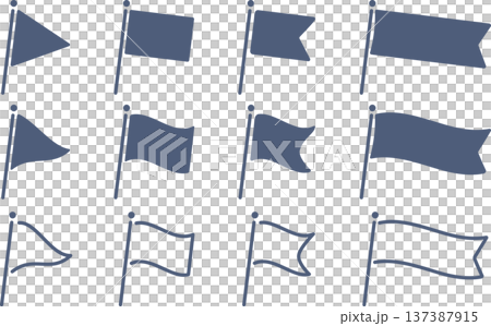 丸みを帯びたシンプルな紺色の4種類の旗のバリエーション素材セット 137387915