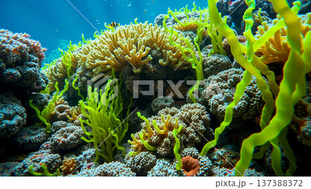 Underwater world, algae, corals, rocks at the bottom of the sea 137388372