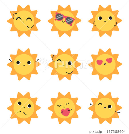 Collection of suns with different emotions. Isolated on a black background. Vector illustration in flat style 137388404