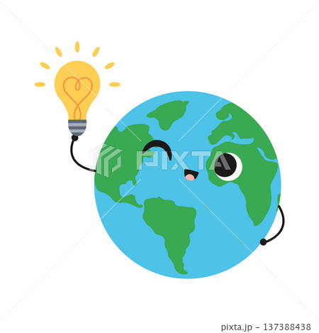 Cute planet Earth holding a light bulb. Vector flat illustration isolated on a white background 137388438