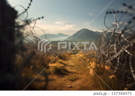 Barbed Wire Divides Landscape, Symbolizing Border Disputes and Migration Struggles 137388473