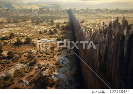 Barbed Wire Landscape Symbolizing Migration Challenges, Border Disputes Concept 137388474