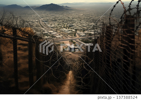 Barbed Wire Landscape Symbolizing Migration Challenges, Border Disputes Concept 137388524