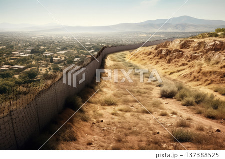 Barbed Wire Divides Landscape, Symbolizing Border Disputes and Migration Struggles 137388525