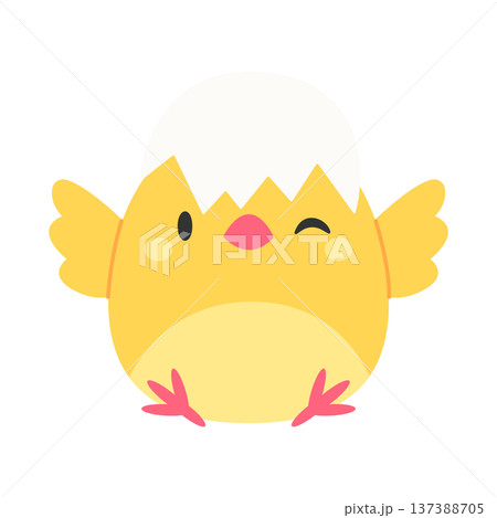 Funny chick with an eggshell on its head, isolated on a white background. Vector illustration in flat style Funny chick with an eggshell on its head, isolated on a white background. Vector illustration in flat style 137388705