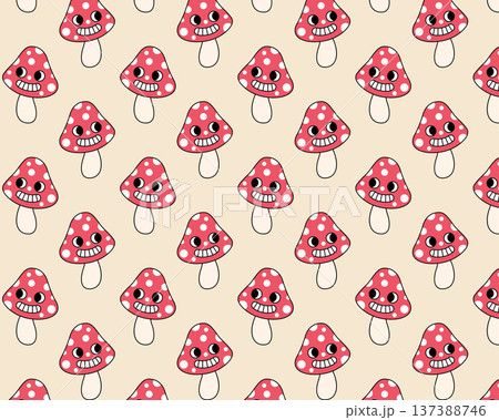 Pattern of toadstools. Cute funny mushroom characters. Vintage design. Flat style vector illustration Pattern of toadstools. Cute funny mushroom characters. Vintage design. Flat style vector illustration 137388746