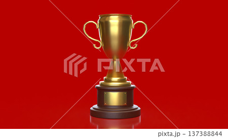 Golden Trophy Award On Red Background Symbol Of Victory And Success 3d render. 137388844