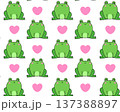 Pattern of hearts and frogs. Cute and funny toad characters. Vintage design. Flat-style vector illustration 137388897