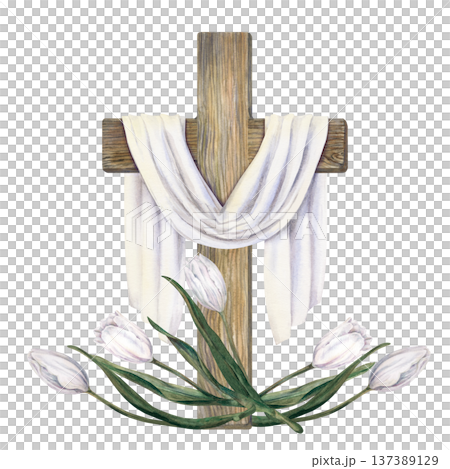 Watercolor illustration of wooden Christian cross with white cloth, spring tulips. Symbol of Easter and resurrection isolated on white background for greeting cards, church prints, invitation, posters Watercolor illustration of wooden Christian cross with white cloth, spring tulips. Symbol of Easter and resurrection isolated on white background for greeting cards, church prints, invitation, posters 137389129