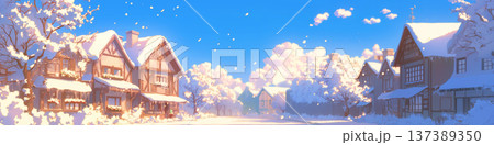 雪が降っているペンションの集落、アニメ風 137389350