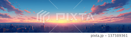 朝日が昇る都市、アニメ風 137389361