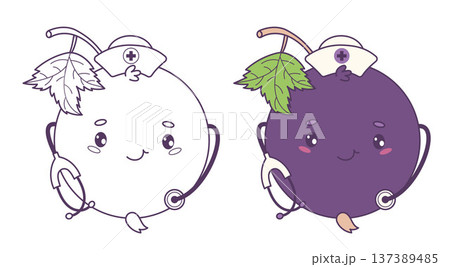 Nurse Blackcurrant Girl with Stethoscope. Colored and Outline Cute Kawaii Berry Currant Mascot Medical Character. Isolated Line drawing, coloring page. Vector illustration 137389485