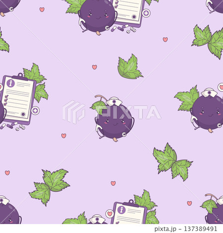 Cute Kawaii Nurse Blackcurrant Girl with Stethoscope Seamless Pattern. Berry Mascot Medical Character on Purple Background with Currant Leaves. Vector Square illustration Cute Kawaii Nurse Blackcurrant Girl with Stethoscope Seamless Pattern. Berry Mascot Medical Character on Purple Background with Currant Leaves. Vector Square illustration 137389491