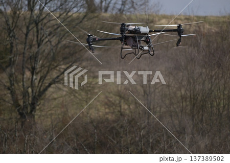 Agricultural drone spraying orchard after pruning for precision agriculture and crop protection 137389502