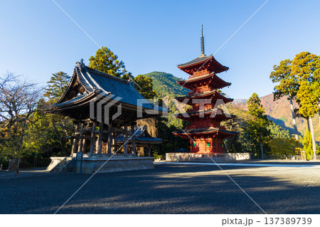 秋の山梨県身延町 紅葉の身延山久遠寺 大鐘と五重塔 秋の山梨県身延町 紅葉の身延山久遠寺 大鐘と五重塔 137389739
