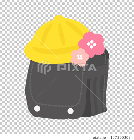 黒色のランドセルと桜の花びらがついた黄色い帽子のイラスト 137390302