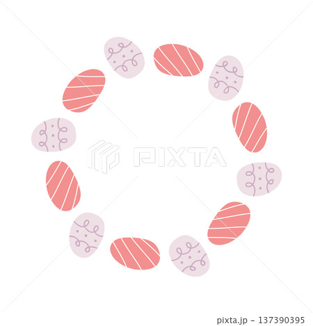 Easter egg wreath vector illustration. Cute flat decorated egg circle frame. Holiday pastel border for greeting card, invitation and spring design. Easter egg wreath vector illustration. Cute flat decorated egg circle frame. Holiday pastel border for greeting card, invitation and spring design. 137390395
