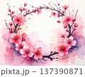 水彩画で描かれた優しいピンクの梅の花のリースフレーム。春、装飾、和モダンな背景素材、コピースペース 137390871