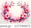 水彩画で描かれた優しいピンクの梅の花のリースフレーム。春、装飾、和モダンな背景素材、コピースペース 137390872