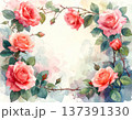 水彩画で描かれた繊細なピンクのつるバラのフレーム。ウェディング、母の日、記念日、エレガントな花の背景 137391330