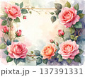 水彩画で描かれた繊細なピンクのつるバラのフレーム。ウェディング、母の日、記念日、エレガントな花の背景 137391331