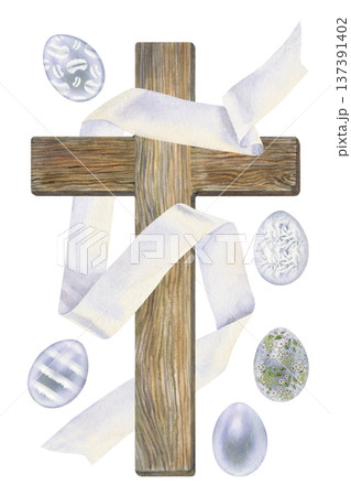 Wooden Christian cross with white ribbon cloth, decorated Easter eggs. Watercolor religious symbol isolated on white background for greeting cards, church design, invitations, posters, spring holydays Wooden Christian cross with white ribbon cloth, decorated Easter eggs. Watercolor religious symbol isolated on white background for greeting cards, church design, invitations, posters, spring holydays 137391402