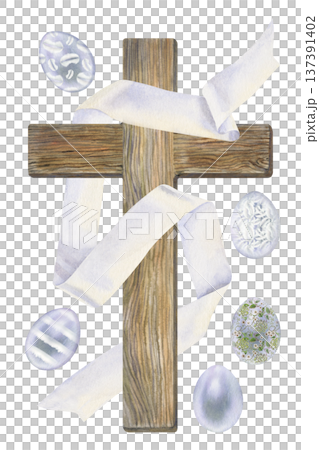 Wooden Christian cross with white ribbon cloth, decorated Easter eggs. Watercolor religious symbol isolated on white background for greeting cards, church design, invitations, posters, spring holydays Wooden Christian cross with white ribbon cloth, decorated Easter eggs. Watercolor religious symbol isolated on white background for greeting cards, church design, invitations, posters, spring holydays 137391402