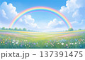 青空に架かる虹と花が咲く春の野原。絵本のような明るい風景、子供向け背景、希望と平和のコンセプト。 137391475