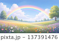 青空に架かる虹と花が咲く春の野原。絵本のような明るい風景、子供向け背景、希望と平和のコンセプト。 137391476