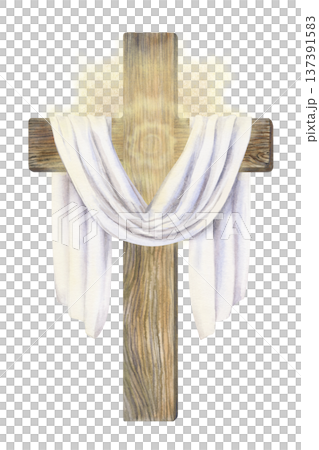Watercolor wooden cross draped with white cloth and soft glowing light around the cross creates a spiritual atmosphere. Christian Easter symbol of resurrection, faith and hope for church design 137391583
