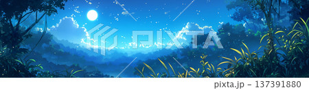 満月の夜の密林の風景、アニメ風 137391880