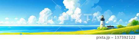 夏の積乱雲と灯台の風景、アニメ風 137392122