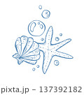 Vector illustration with a marine theme. Underwater world, seaside vacation in blue. Cute starfish and shell in doodle. 137392182