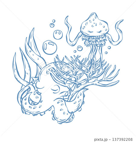Vector illustration with a marine theme. Underwater world, seaside vacation in blue. Cute octopus and jellyfish in doodle. Vector illustration with a marine theme. Underwater world, seaside vacation in blue. Cute octopus and jellyfish in doodle. 137392208