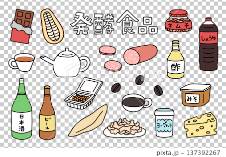 一組插圖，展示了各種發酵食品，例如泡菜和納豆。 137392267