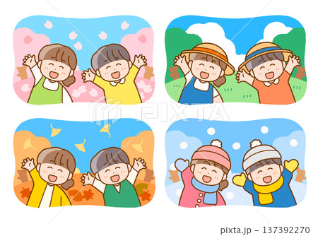 四季を楽しむこどもたちのイラストセット|あしらい・プリント装飾 四季を楽しむこどもたちのイラストセット|あしらい・プリント装飾 137392270