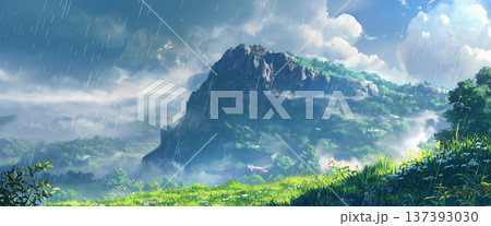 雨の崖の風景、アニメ風 137393030