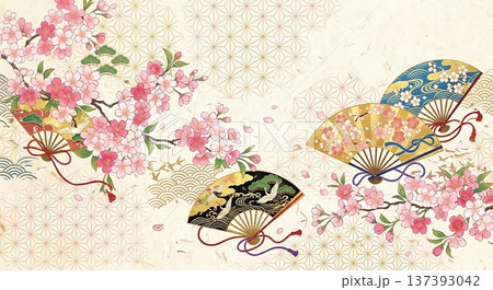 和風　新春をイメージした桜や植物にラグジュアリーカード背景素材 137393042