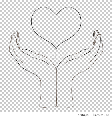 Line drawing illustration of a heart floating from a hand. Monochrome material of love and hope. 137393078