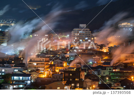 Beppu town light up with motion steam of hot spring bath Beppu town light up with motion steam of hot spring bath 137393508