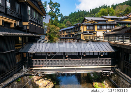 Traditional ryokan hotels by river of Kurokawa onsen town, Kumamoto 137393516