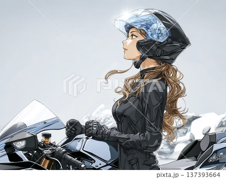横顔の女性バイクライダーとスポーツバイク｜クールなライディングイメージ 137393664